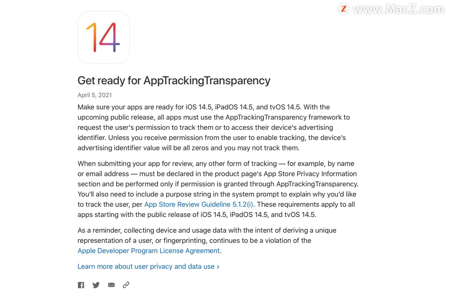 苹果提醒开发人员在 iOS 14.5 发布之前为应用跟踪透明度做好准备”