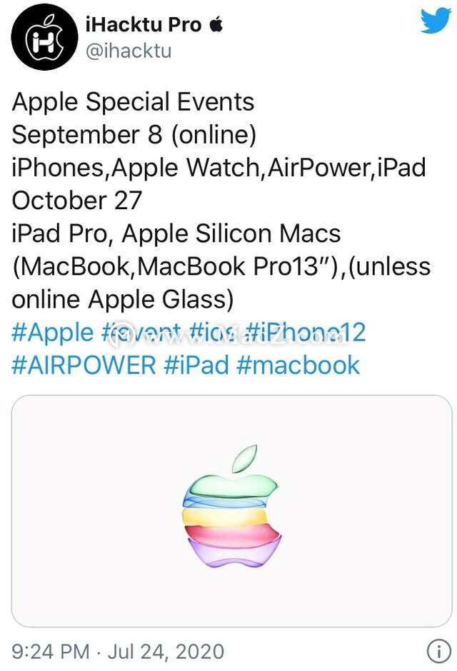 苹果爆料大神ihacktu最新透露：搭载apple silicon处理器的Mac于10月见”