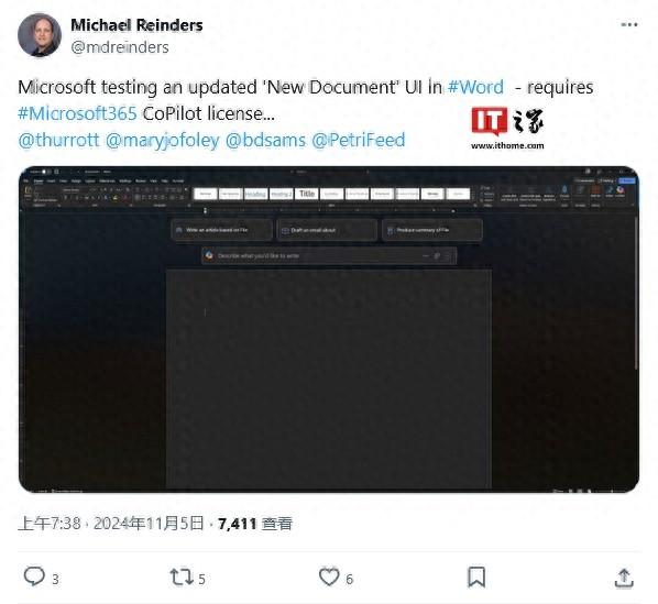 微软Word邀测新Copilot界面：打开文件后默认提供多项AI功能”