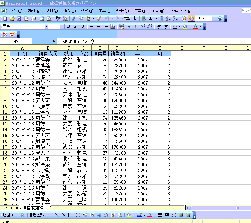 excel 数据透视表教程中按星期分组查看数据的方法”